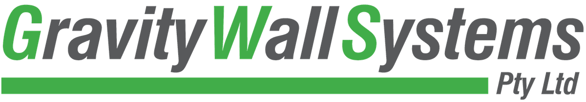 Logo for Gravity Wall Systems Pty Ltd. The text is in black and green, with a green line beneath "Gravity Wall Systems.