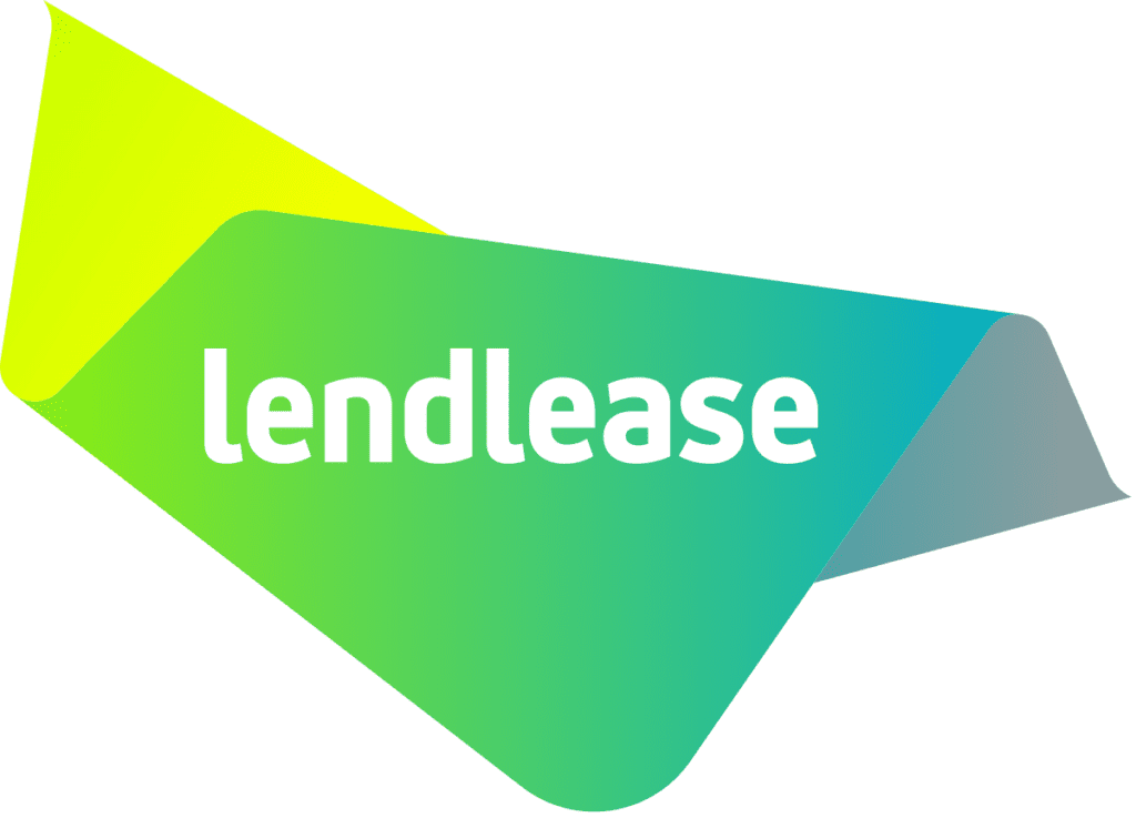 The image shows the Lendlease logo, featuring the company name in white lowercase letters against a green gradient geometric shape that transitions from neon yellow to blue.