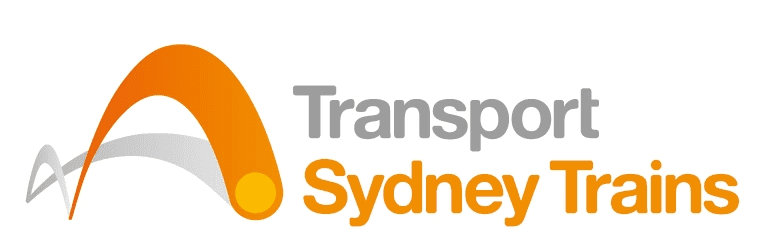 Logo with an orange and gray stylized arc, featuring the words "Transport Sydney Trains" in gray and orange text.